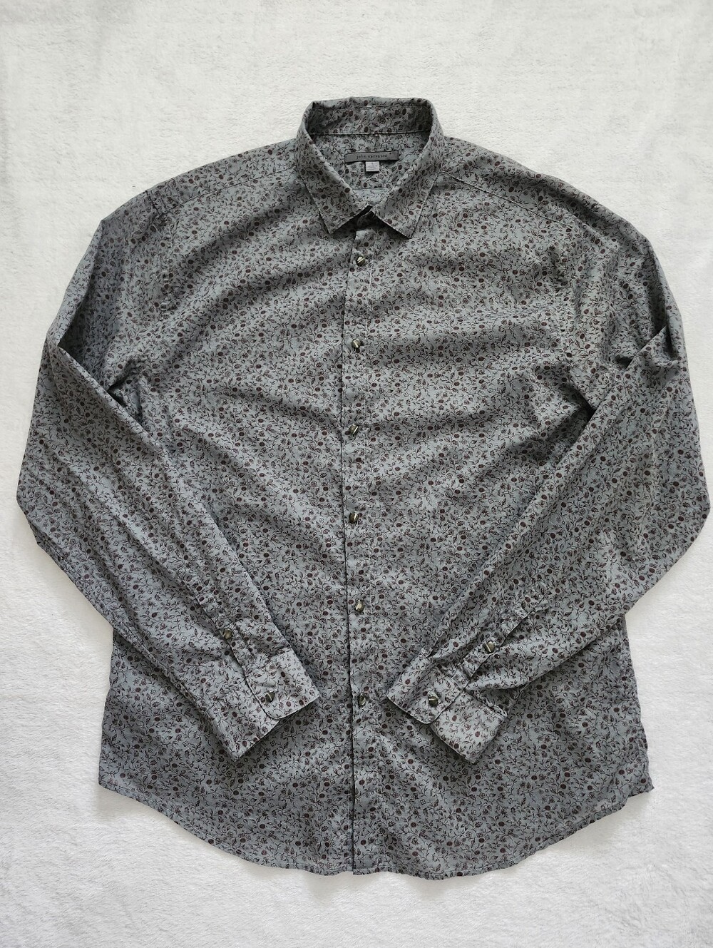 JOHN VARVATOS Mens Size Large Floral Print Cotton Button Down Shirt Slate Grey
